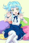  aimai-me alternate_hairstyle blouse blue_hair crossdressing dress fang green_eyes male_focus nail_polish otoko_no_ko shiun'in_sora side_ponytail skirt solo thighhighs yuu-gi-ou yuu-gi-ou_arc-v zettai_ryouiki 