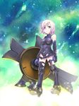  armor breastplate elbow_gloves fate/grand_order fate_(series) gloves highres mash_kyrielight purple_eyes purple_hair rori_chuushin shield short_hair solo standing 