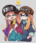  2girls :d :o ^_^ baseball_cap blue_eyes blue_hoodie blush bracelet brown_hat closed_eyes domino_mask drawstring ear_blush eyes_closed fangs hand_in_pocket hat hood hood_down hoodie inkling jewelry long_hair long_sleeves maco_spl mask multiple_girls open_mouth orange_hair pointy_ears sleeves_past_elbows sleeves_past_wrists smile splatoon splatoon_(series) splatoon_2 teeth tentacle_hair v zipper zipper_pull_tab 