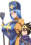  1girl blue_hair bodysuit breast_poke breasts dragon_quest dragon_quest_iii highres huge_breasts kloah orange_bodysuit parted_lips poking priest_(dq3) red_eyes roto simple_background smile staff white_background 