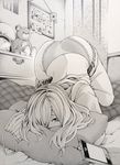  ass bed blush cable cellphone clock commentary curtains cushion drawer full-face_blush greyscale hair_over_one_eye long_hair looking_at_viewer monochrome nakajima_ryou original pajamas pajamas_pull panties phone photo_(object) smartphone solo stuffed_toy top-down_bottom-up underwear window 