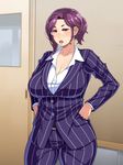  1girl belt blush breasts cleavage collarbone door enoshima_iki glasses hands_on_hips highres huge_breasts indoors legs long_sleeves looking_at_viewer makeup open_mouth original ponytail purple_hair red_eyes solo standing striped suit thighs 