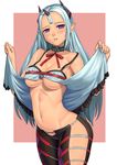  babydoll blush breasts closers cowboy_shot highres horns large_breasts lasterk levia_(closers) long_hair looking_at_viewer navel ofuda open_mouth pointy_ears purple_eyes shirt_lift silver_hair solo spaghetti_strap underboob 