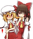  ascot blonde_hair blush bow brown_hair detached_sleeves flandre_scarlet hair_bow hakurei_reimu hat hat_ribbon highres kumo_(atm) mob_cap multiple_girls one_eye_closed playing_with_another's_hair puffy_short_sleeves puffy_sleeves red_bow red_eyes red_skirt ribbon ribbon-trimmed_sleeves ribbon_trim short_sleeves shy side_ponytail simple_background skirt smelling_hair sweatdrop touhou wavy_mouth white_background wings yuri 