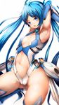  armpits arms_up ass ass_visible_through_thighs blue_eyes blue_hair blush boots cameltoe covered_nipples elbow_gloves flat_chest gloves leg_up leotard long_hair looking_at_viewer miurahha navel open_mouth ore_twintail_ni_narimasu simple_background solo stomach tailblue thigh_gap thighhighs thighs tsube_aika twintails very_long_hair white_background 