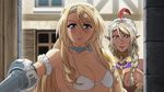  2girls animated animated_gif bikini_warriors blonde_hair blue_eyes bouncing_breasts bra breasts cleavage dark_elf_(bikini_warriors) earrings jewelry large_breasts long_hair multiple_girls paladin_(bikini_warriors) red_eyes smile standing underboob underwear 