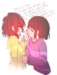  androgynous artist_name blush brown_hair chara_(undertale) closed_eyes closed_mouth dayuh engrish fading frisk_(undertale) hand_on_another's_face long_sleeves multiple_others ranguage red_eyes shirt simple_background smile spoilers striped striped_shirt tears typo undertale upper_body white_background 