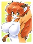  arm_up armpits blush border breasts fang furry green_eyes large_breasts long_hair no_pupils orange_hair original oyatsu_(mk2) simple_background solo upper_body white_border 