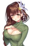  blush braid breasts brown_eyes brown_hair cleavage cleavage_cutout clothes_lift flower gan_(shanimuni) green_sweater hair_flower hair_ornament hair_over_shoulder hand_on_own_chest kanpani_girls large_breasts long_hair meme_attire mole mole_under_eye open-chest_sweater open_mouth ribbed_sweater shirayuri_sakura simple_background single_braid solo sweater sweater_lift turtleneck white_background 