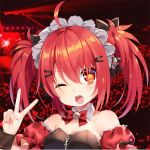  1girl ;d blush hair_ornament hairclip mvv neck_ribbon one_eye_closed open_mouth original red_eyes red_hair ribbon short_hair skeletal_hand smile solo star star-shaped_pupils symbol-shaped_pupils twintails v vivian_(mvv) zipper 