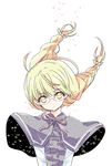  blonde_hair braid capelet flat_chest floating_hair glasses long_hair mizutama sakurame_kirie semi-rimless_eyewear solo sparkle twin_braids under-rim_eyewear upper_body uq_holder! v_arms yellow_eyes 