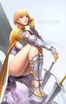  absurdres armor ass blonde_hair breasts brown_hair cleavage daeho_cha gauntlets high_heels highres large_breasts lips looking_at_viewer parted_lips short_hair sitting solo sword watermark weapon web_address 