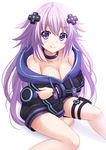  :3 :q adult_neptune bare_shoulders between_legs blush breasts cleavage clenched_hand collar collarbone hair_ornament hand_between_legs highres holster hood hooded_track_jacket jacket kazenokaze large_breasts licking_lips long_hair long_sleeves looking_at_viewer neptune_(series) purple_eyes purple_hair shin_jigen_game_neptune_vii sitting smile solo thigh_holster thigh_strap tongue tongue_out track_jacket very_long_hair white_background 