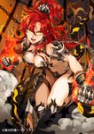  armor bikini_armor breasts chain clenched_hand fire gauntlets hair_between_eyes inzup large_breasts long_hair looking_at_viewer open_mouth orange_eyes ponytail red_hair smoke solo spikes zettai_bouei_leviathan 