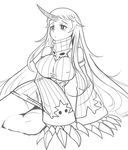  breasts claws dress froggle greyscale horn kantai_collection large_breasts long_hair looking_away monochrome ribbed_dress seaport_hime short_dress shoulders sitting sketch solo very_long_hair white_background 