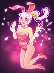  animal_ears bow bowtie bunny_ears bunny_tail bunnysuit cherry_blossoms detached_collar fishnet_pantyhose fishnets floral_print fukusuke_hachi-gou glowing highres jumping long_hair original pantyhose pink_eyes ponytail solo tail white_hair wrist_cuffs 