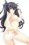  :o ass bikini black_hair blush breasts butt_crack covered_nipples harami highres large_breasts long_hair looking_at_viewer looking_back neptune_(series) noire open_mouth red_eyes side-tie_bikini solo swimsuit twintails twisted_torso underboob underwear white_bikini 
