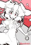  :o \||/ bunny_tail commentary_request dress inaba_tewi looking_at_viewer messy_hair monochrome mutsuki_riichi outstretched_arms pink_background red_eyes short_hair solo spot_color tail teeth touhou wavy_hair 