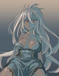  :o ahoge arms_behind_back bangs blue_dress breasts breasts_apart dark_skin dress gradient gradient_background granblue_fantasy large_breasts long_hair no_bra open_mouth oshiruko_(tsume) red_eyes short_dress silver_hair solo very_long_hair zooey_(granblue_fantasy) 