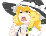  blonde_hair bow braid hat hat_bow kieeyo kirisame_marisa open_hands open_mouth palms side_braid simple_background single_braid solo touhou white_background white_bow witch_hat yellow_eyes 
