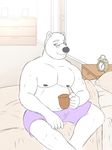  alarm_clock bear bed brown_eyes clock clothed clothing cup drinking eyewear fur glasses hair inside looking_down mammal nipples on_bed pecs pillow polar_bear rain-yatsu seattle_fur sitting smile topless white_fur white_hair 