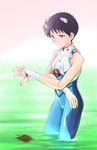  bandages blood blue_eyes ebi-rom ikari_shinji male_focus neon_genesis_evangelion plugsuit purple_hair sleeveless solo wading 