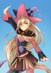  arm_up black_legwear black_sleeves blonde_hair blue_background book detached_sleeves feather_boa green_eyes hat highres long_hair looking_at_viewer magilou_(tales) mismatched_legwear mismatched_sleeves pink_legwear pink_sleeves pointy_ears smile solo soysae tales_of_(series) tales_of_berseria thigh_strap thighhighs witch_hat 