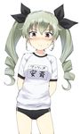  anchovy blush buruma double_vertical_stripe drill_hair gedou_(ge_ge_gedou) girls_und_panzer green_hair gym_shirt gym_uniform hair_ribbon long_hair looking_at_viewer name_tag ribbon shirt sketch solo standing sweatdrop t-shirt translated twin_drills twintails white_background 