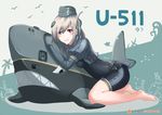  artist_name barefoot character_name edwin_(cyberdark_impacts) garrison_cap hat kantai_collection kneeling long_hair looking_at_viewer pale_skin patreon_logo patreon_username silver_eyes silver_hair smile solo u-511_(kantai_collection) watermark web_address 