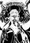  arko_(acucs) ass_visible_through_thighs bodysuit cameltoe cane cape collar covered_mouth curly_hair gloves greyscale groin kantai_collection looking_at_viewer looking_down monochrome out_of_frame reflection shinkaisei-kan short_hair solo tentacles wo-class_aircraft_carrier 