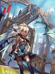  :d arm_at_side armor armored_dress bangs black_gloves black_legwear blue_dress blue_sky breastplate building cloud dark_skin day dragon dress dutch_angle eruthika flag gloves granblue_fantasy grass hair_between_eyes highres holding holding_weapon long_hair looking_at_viewer open_mouth outdoors pointing red_eyes short_dress silver_hair sky sleeveless smile solo string sword thighhighs tower weapon white_hair zooey_(granblue_fantasy) 