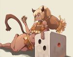  animal_ears barefoot bell bell_choker big_hair blue_eyes blush bob_cut breasts card cat_ears cat_tail choker cleavage dark_skin dice ecaflip highres large_breasts long_hair lying navel on_side oversized_object pelvic_curtain ponytail solo tail thick_thighs thighs vins-mousseux wakfu 