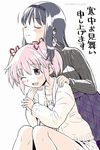  akemi_homura ayanero_taicho black_hair check_translation chin_rest closed_eyes couple hands_on_another's_shoulders happy head_on_head kaname_madoka mahou_shoujo_madoka_magica mahou_shoujo_madoka_magica_movie multiple_girls one_eye_closed pink_hair smile translation_request yuri 
