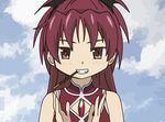  animated animated_gif artist_request bow clapping cloud cloudy_sky day hair_bow long_hair lowres magical_girl mahou_shoujo_madoka_magica neon_genesis_evangelion parody red_eyes red_hair sakura_kyouko simple_background sky smile solo soul_gem source_request upper_body 