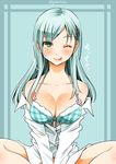  ;) ;q aqua_hair blush bra breasts cleavage closed_mouth collarbone dress_shirt green_eyes hair_ornament hairclip highres kantai_collection large_breasts long_hair looking_at_viewer one_eye_closed open_clothes open_shirt plaid plaid_bra shirt sitting smile sogabe_toshinori solo suzuya_(kantai_collection) tongue tongue_out underwear v_arms 