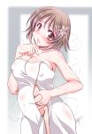  1girl absurdres belly belly_grab blush breasts brown_eyes brown_hair cleavage collarbone curvy erect_nipples eyebrows_visible_through_hair fat_folds hair_ornament hand_on_own_chest highres idolmaster idolmaster_cinderella_girls large_breasts looking_at_viewer meat_day mimura_kanako mizushiro_takuya naked_towel open_mouth plump short_hair solo steam sweat thighs towel undersized_clothes weight_conscious 