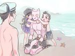  2boys beach black_hair child hat hug jojo_no_kimyou_na_bouken jojolion killer_queen kira_yoshikage_(jojolion) kuujou_josefumi male_swimwear multiple_boys nijimura_kyou ocean reammara sailor_hat skirt stand_(jojo) starfish sweatdrop swim_trunks swimsuit swimwear younger 