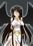  angel_wings black_hair black_wings blush breasts chain detached_sleeves dress glowing glowing_eyes hand_on_own_face large_breasts long_hair looking_at_viewer mabinogi morrighan shinjou_satomi side_slit sideboob solo white_eyes wings 