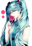  aqua_eyes aqua_hair detached_sleeves flower_in_mouth hatsune_miku ling_(vivianling) long_hair looking_at_viewer necktie shirt solo twintails upper_body very_long_hair vocaloid 