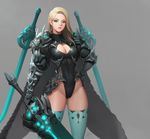  armor artstation_sample breasts cleavage cleavage_cutout daeho_cha earrings gauntlets green_legwear groin hand_on_hip highleg highleg_leotard highres image_sample jewelry large_breasts leotard lips long_hair looking_at_viewer solo sword thighhighs weapon 