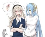  2girls aqua_(fire_emblem_if) artist_request blue_hair blush breasts dancer female fire_emblem fire_emblem_if joker_(fire_emblem_if) kamui_(fire_emblem) multiple_girls my_unit_(fire_emblem_if) nintendo pointy_ears red_eyes white_hair yellow_eyes yuri 