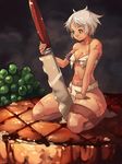  armlet bare_shoulders blue_eyes breasts cleavage commentary food highres kneeling knife medium_breasts minigirl navel original pelvic_curtain planted_knife planted_weapon scar short_hair silver_hair solo steak thick_thighs thighs very_short_hair vins-mousseux weapon 