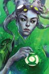  1girl 2-6-8-1-7-9-5 alien asymmetrical_clothes black_sclera dc_comics freckles goggles goggles_on_head green_eyes green_lantern green_lantern_(series) grey_skin pointy_ears solo tentacle tentacle_hair uniform 