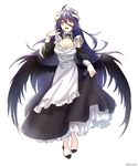  :d aken albedo alternate_costume black_hair breasts cleavage enmaided fingernails full_body highres large_breasts long_hair looking_at_viewer maid nail_polish open_mouth overlord_(maruyama) purple_nails sharp_fingernails simple_background smile solo tongue twitter_username white_background yellow_eyes 