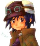  1girl androgynous artist_request coat earflap_hat goggles goggles_on_hat goggles_on_head hat kino kino_no_tabi looking_at_viewer short_hair smile solo tagme 