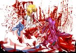  amputee bleeding blonde_hair blood blood_on_face blood_splatter bloody_clothes bow braid dress ellen_(majo_no_ie) guro hair_bow injury majo_no_ie multiple_girls niana_(my041004) open_mouth pain purple_hair spoilers strangling viola_(majo_no_ie) 