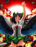  :d arm_cannon arm_up backlighting bird_wings black_hair black_legwear black_wings bow breasts cape explosion hair_bow highres medium_breasts open_mouth red_eyes reiuji_utsuho rubble short_sleeves skirt skirt_lift smile solo thighhighs third_eye touhou weapon wind wind_lift wings zk_(zk_gundan) 