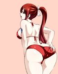  ass bare_shoulders bikini brown_eyes erza_scarlet fairy_tail from_behind hand_on_ass long_hair looking_back mashima_hiro open_mouth pink_background ponytail red_bikini red_hair shiny shiny_hair sidelocks simple_background solo swimsuit tattoo 