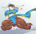 black_hair bun_cover cameltoe capcom chinese_clothes chun-li double_buns legs long_legs muscle o3o pantyhose solo street_fighter taka-michi thick_thighs thighs 