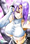  arachne breasts carapace claws cowboy_shot detached_sleeves extra_eyes huge_breasts insect_girl monster_girl monster_musume_no_iru_nichijou multiple_legs pink_eyes purple_hair rachnera_arachnera s-now signature solo spider_girl underboob 